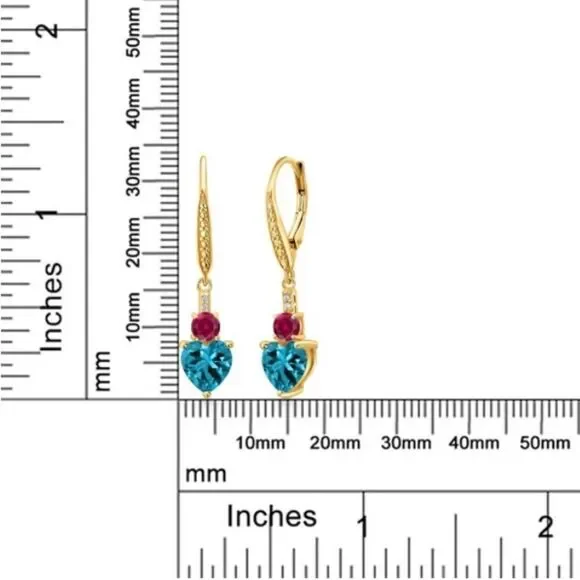 18K Yellow Gold with 3.73 Cttw London Blue Topaz and Ruby Heart Drop Earrings